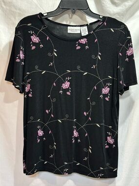 Jaclyn Smith Black Short-Sleeve Top with a embroidered Pink Floral Design